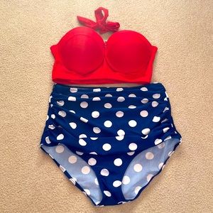 Women’s amourii high waisted swimsuit, red top navy/white polka bottom, size 3xl